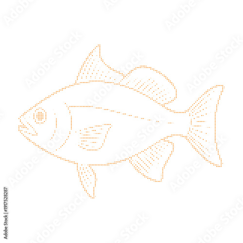 Orange dotted outline fish silhouette with internal gear and battery symbols dots