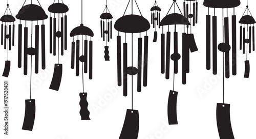 Black Wind Chimes Hanging on White Background Silhouette Illustration