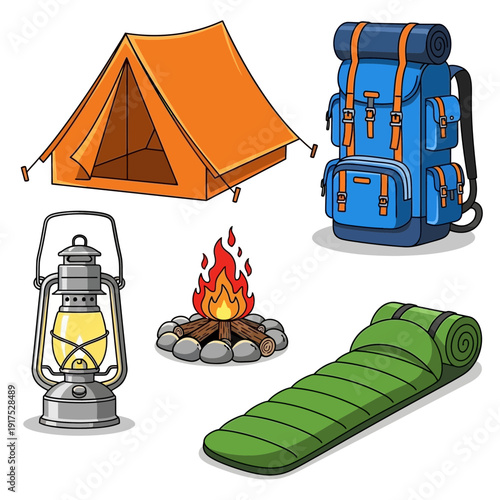 Camping gear including tent, backpack, lantern, campfire, and sleeping bag.