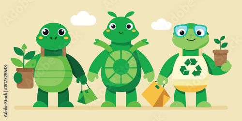Three eco friendly turtles promoting sustainability with plants and reusable bags