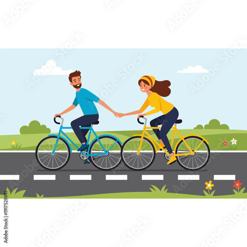 Couple holding hands while riding bicycles on a road.