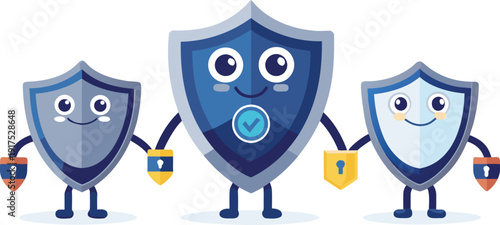 Three cartoon shield characters with locks and smiling faces