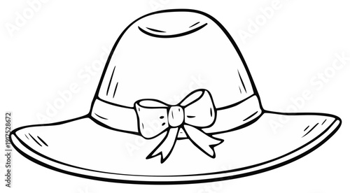 Simple line drawing of a wide brimmed sun hat with a bow for fashion and accessories