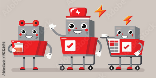Cute robots shopping and checking items with excitement and energy