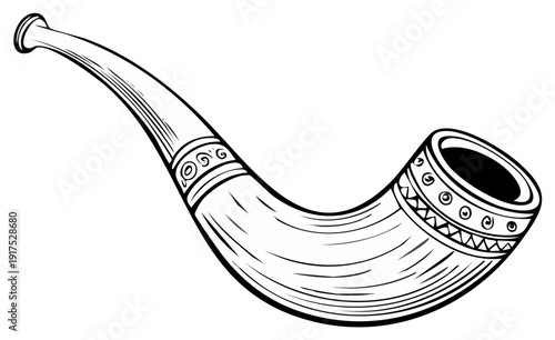 Traditional long curved horn musical instrument with decorative band engraving