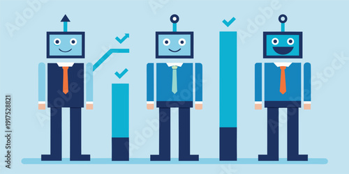 Smiling robots in business attire with growth charts and graphs