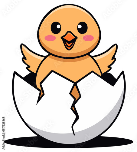 Cartoon chick emerging from a cracked egg shell. Cute bird character hatching. Springtime and newborn animal concept.