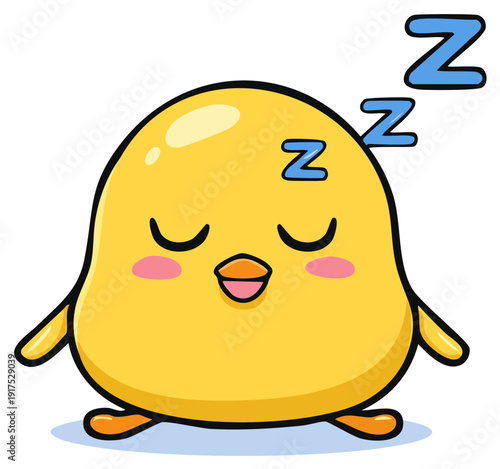 Cartoon yellow chick is sleeping soundly with closed eyes and pink cheeks, isolated on white.