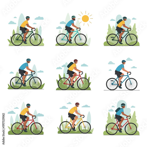 People riding bicycles through grassy areas with trees and sun.