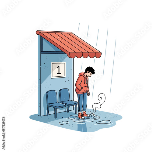 Boy waits at bus stop in the rain with a dog.