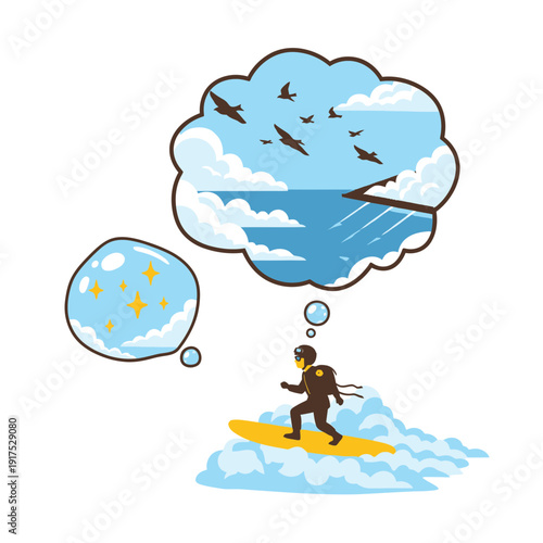 Person surfing on wave dreams of ocean and birds.