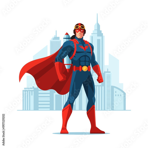 Superhero in blue costume with red cape stands confidently.