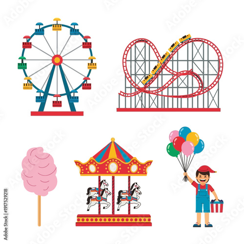 Amusement park rides and attractions with a child holding balloons.
