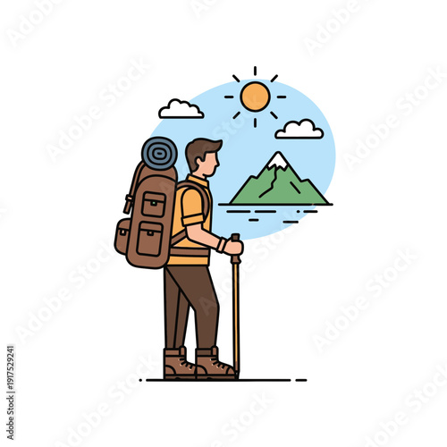 Hiker with backpack and poles, facing mountains under a sunny sky.