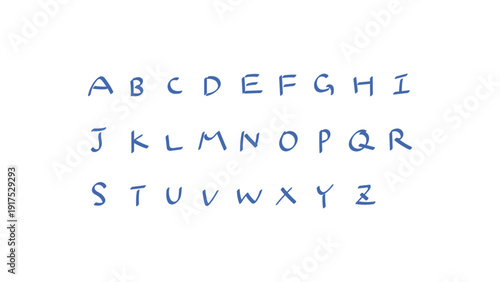 Hand drawn alphabet vector set, blue ink uppercase English letters A-Z, cute handwritten font style isolated on white, scalable vector illustration