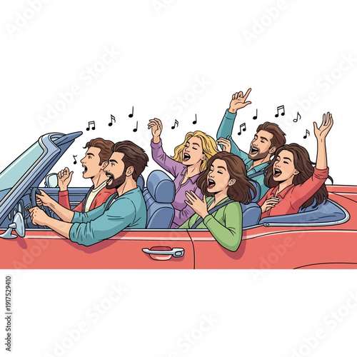 Group of people singing and enjoying a car ride together.