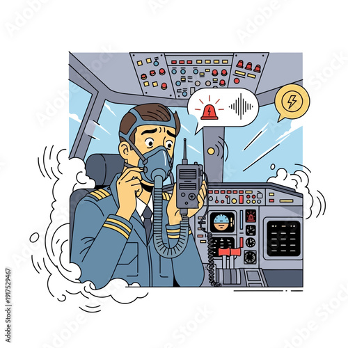 Pilot wearing oxygen mask and using radio in aircraft cockpit.