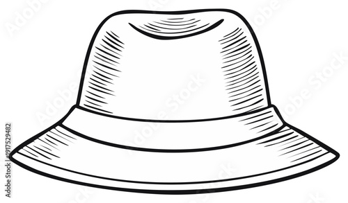 Retro style drawing of a classic brimmed hat with detailed line work creating shadows and depth for use in vintage themed designs