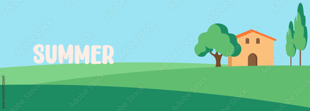 Fototapeta premium Abstract tropical summer template. Poster design with palm tree, leaf, sun, sand beach in minimal style. Colorful summer vacation and travel backgrounds. Bright modern vector illustration 