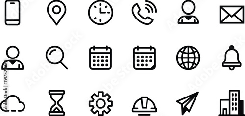 Set of business and communication icons including phone, location, clock, email, people, calendar, globe, cloud, gear, and more symbols for productivity and organization