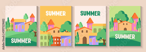 Abstract tropical summer template. Poster design with palm tree, leaf, sun, sand beach in minimal style. Colorful summer vacation and travel backgrounds. Bright modern vector illustration 