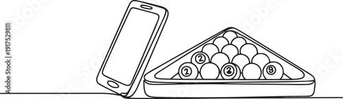 Single continuous line drawing smartphone and billiards balls in triangle. Snooker balls with numbers in wooden rack for pool room sport game. one line Icon drawing