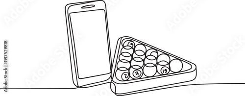 Single continuous line drawing smartphone and billiards balls in triangle. Snooker balls with numbers in wooden rack for pool room sport game. one line Icon drawing