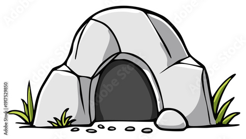 Cartoon Rock Cave Entrance with Grass and Pebbles Simple Illustration