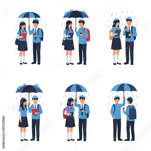 Students with umbrellas and backpacks in different poses.