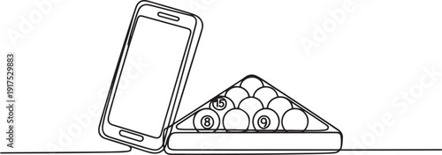 Single continuous line drawing smartphone and billiards balls in triangle. Snooker balls with numbers in wooden rack for pool room sport game. one line Icon drawing