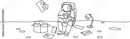 Continuous one line drawing of young astronaut kicked out of work with office supplies in moon surface. Scientist staff reduction. Cosmonaut outer space. one line Icon drawing