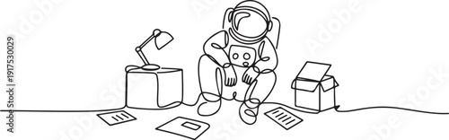 Continuous one line drawing of young astronaut kicked out of work with office supplies in moon surface. Scientist staff reduction. Cosmonaut outer space. one line Icon drawing