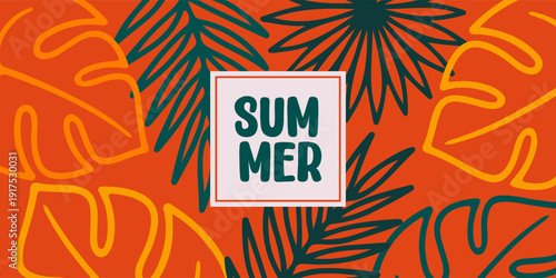 Abstract tropical summer template. Poster design with palm tree, leaf, sun, sand beach in minimal style. Colorful summer vacation and travel backgrounds. Bright modern vector illustration 
