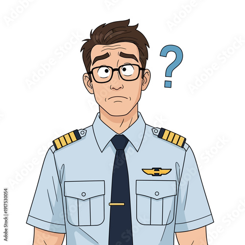 A confused male pilot wearing a light blue uniform and glasses.