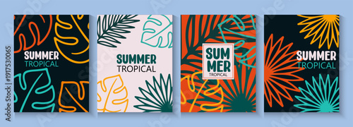 Abstract tropical summer template. Poster design with palm tree, leaf, sun, sand beach in minimal style. Colorful summer vacation and travel backgrounds. Bright modern vector illustration 
