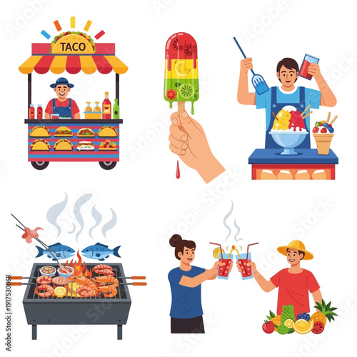 People enjoying food and drinks at outdoor stalls and a barbecue.
