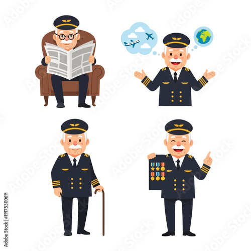 Four illustrations of a man in a captain's uniform showing different activities.