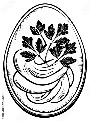 Oval frame with a parsley sprig on a swirled background illustration