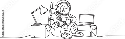 Continuous one line drawing of young astronaut kicked out of work with office supplies in moon surface. Scientist staff reduction. Cosmonaut outer space. one line Icon drawing
