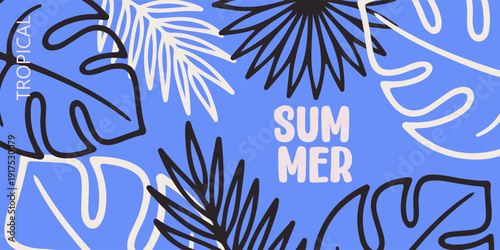 Abstract tropical summer template. Poster design with palm tree, leaf, sun, sand beach in minimal style. Colorful summer vacation and travel backgrounds. Bright modern vector illustration 
