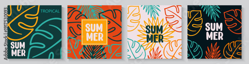 Abstract tropical summer template. Poster design with palm tree, leaf, sun, sand beach in minimal style. Colorful summer vacation and travel backgrounds. Bright modern vector illustration 