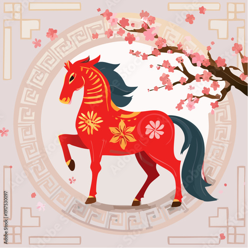 Vibrant red horse prancing under blooming cherry blossoms in traditional Chinese illustration style