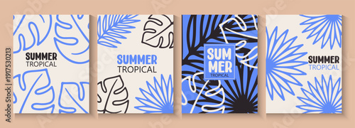 Abstract tropical summer template. Poster design with palm tree, leaf, sun, sand beach in minimal style. Colorful summer vacation and travel backgrounds. Bright modern vector illustration 