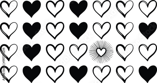 Collection of black and white heart shapes and symbols for love and Valentine's Day