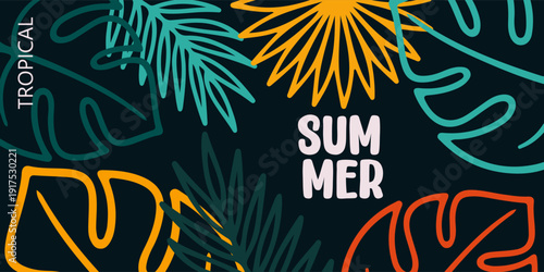 Abstract tropical summer template. Poster design with palm tree, leaf, sun, sand beach in minimal style. Colorful summer vacation and travel backgrounds. Bright modern vector illustration 