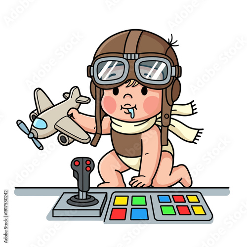 Baby in pilot gear plays with toy airplane and joystick.