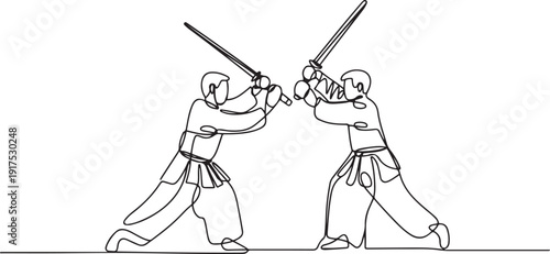 One continuous line drawing of two young sporty men training kendo fighting skill with sparring in dojo center. Healthy martial art sport concept. one line Icon drawing