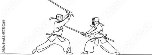 One continuous line drawing of two young sporty men training kendo fighting skill with sparring in dojo center. Healthy martial art sport concept. one line Icon drawing