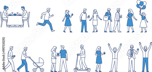 Diverse Blue and White Vector People Icon Set Featuring Characters Dining Running Walking With Strollers and Celebrating for Social Community and Modern Lifestyle Graphics