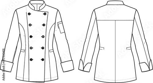Chef coat technical drawing front and back view double breasted uniform flat vector illustration for restaurant kitchen apparel